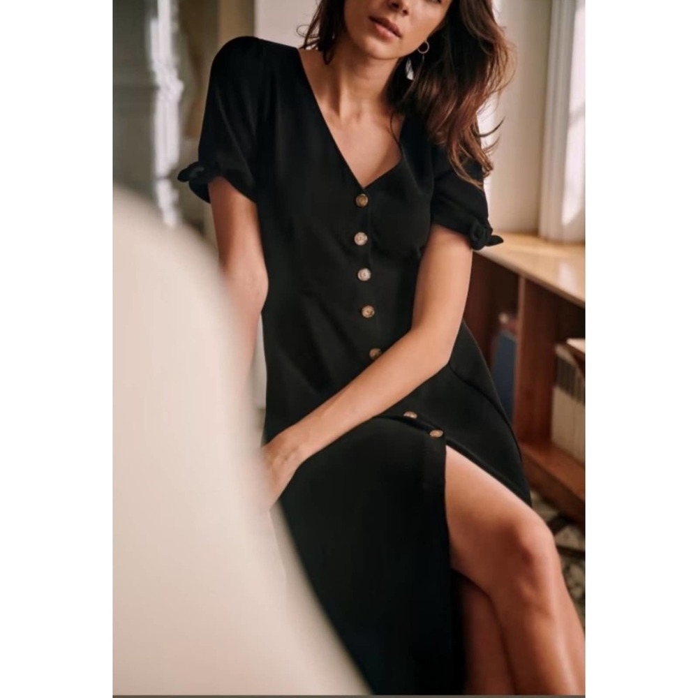 Sézane Black Midi Dress with Gold Buttons
